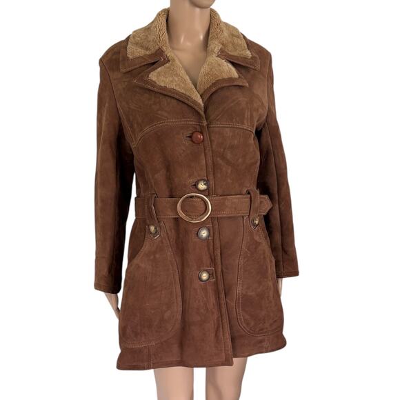 Vintage 70s Suede Shearling Coat Penny Lane Boho Belted Hippie Mod Jacket Brown - Picture 1 of 8